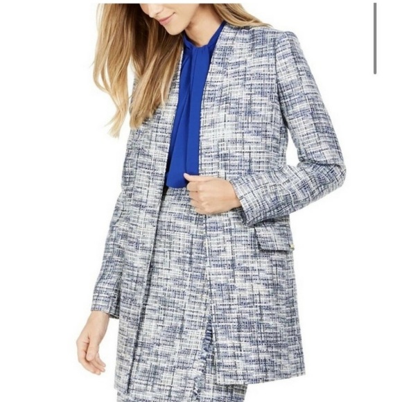 Calvin Klein Tweed Collarless Topper Open Front Jacket & Skirt Set Blue Size 12 - Picture 4 of 16